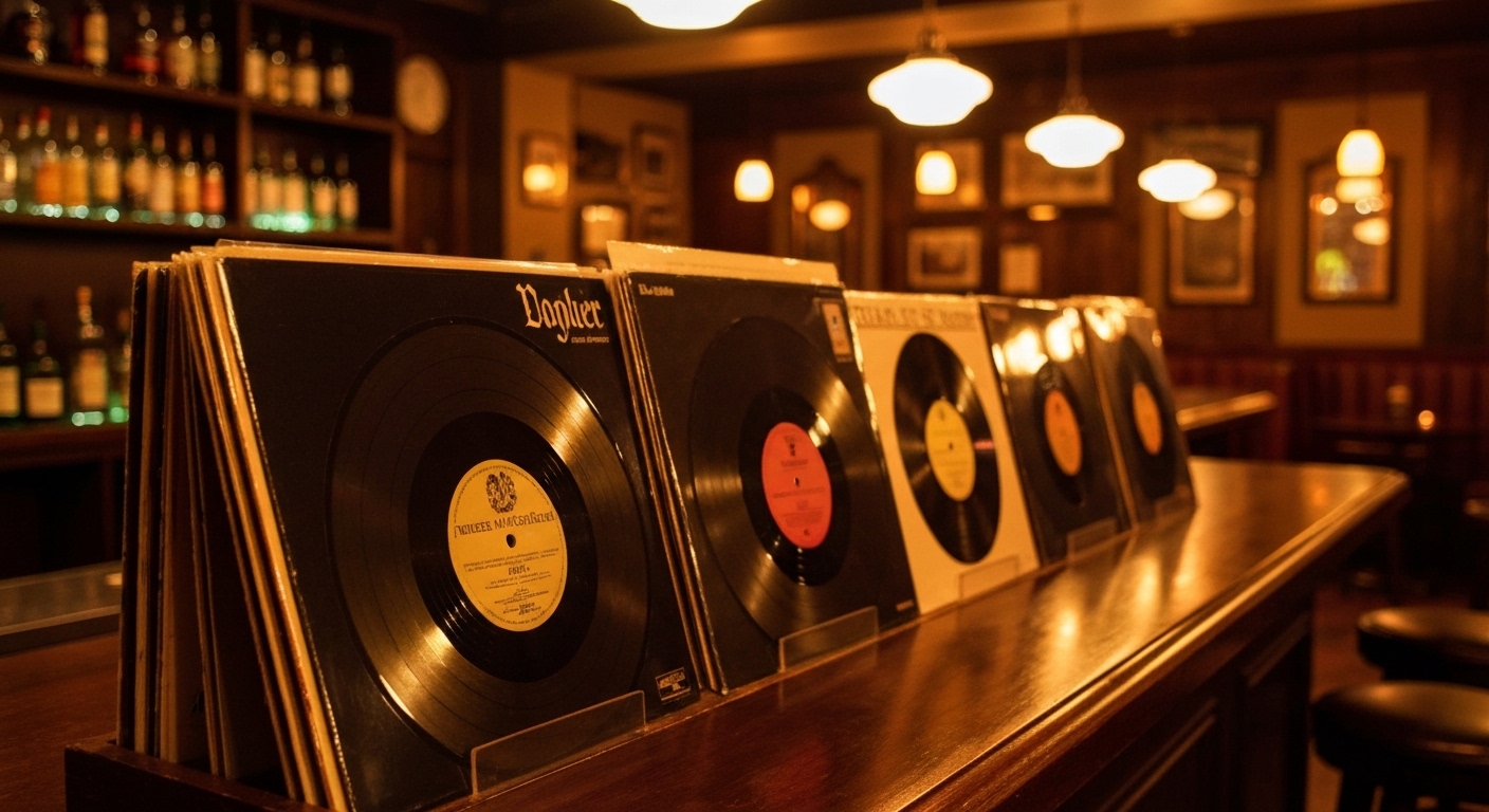 Vinyl records and a turntable glowing under warm bar lighting in downtown Asheville, North Carolina.