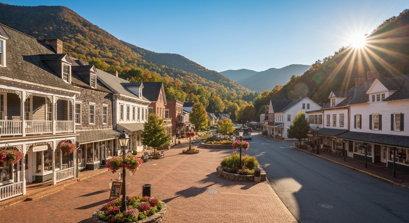 A quiet tree-lined street in downtown Highlands, North Carolina, surrounded by Blue Ridge Mountain scenery.