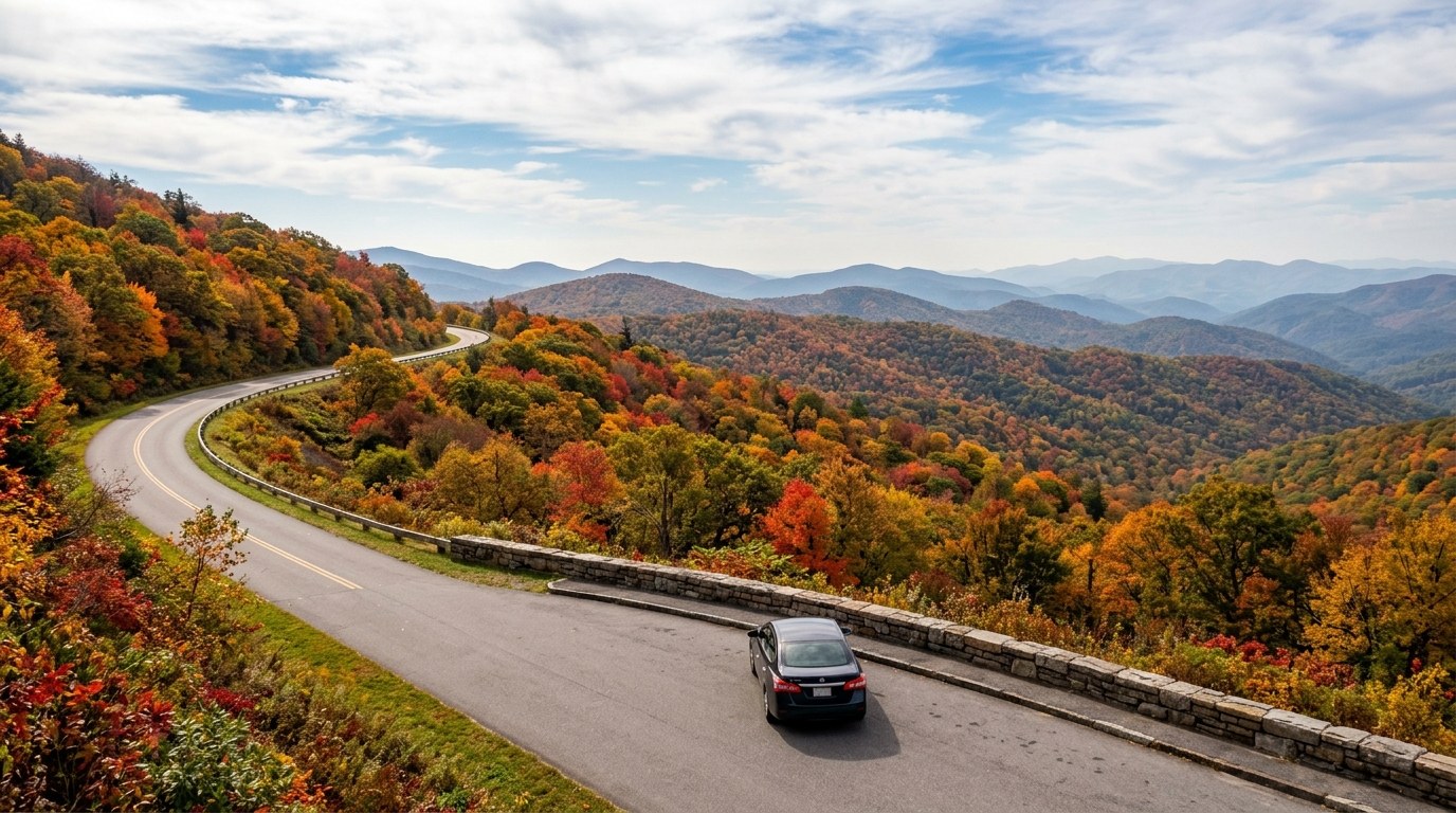 Golden and red fall foliage covering mountain ridges along the Blue Ridge Parkway in Western North Carolina.