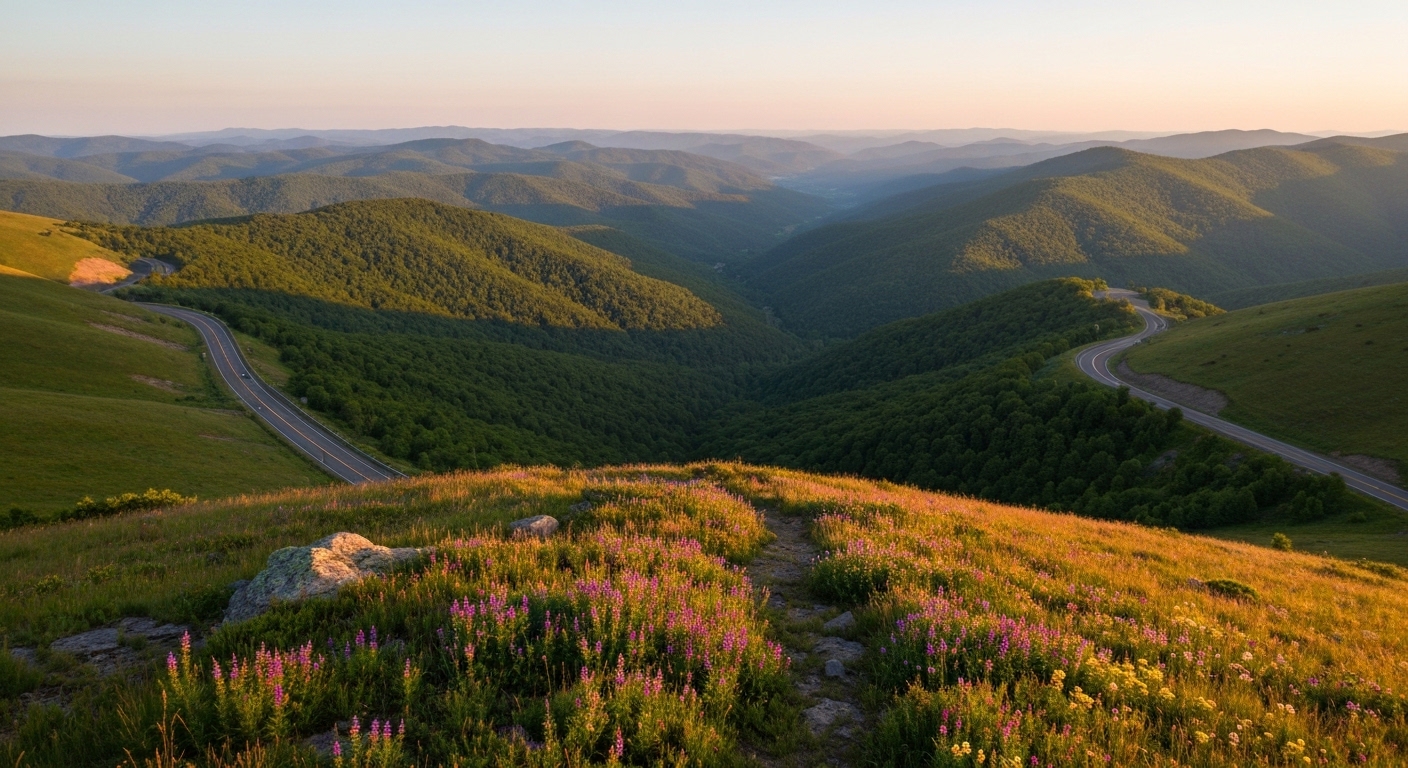 Layered Blue Ridge Mountain ridgelines seen from a Parkway overlook north of Asheville near Mount Mitchell, North Carolina.