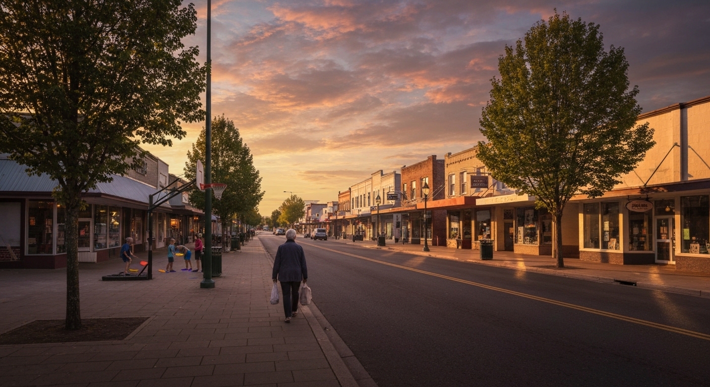 Warm evening light on a small downtown main street in the mountains of Western North Carolina.