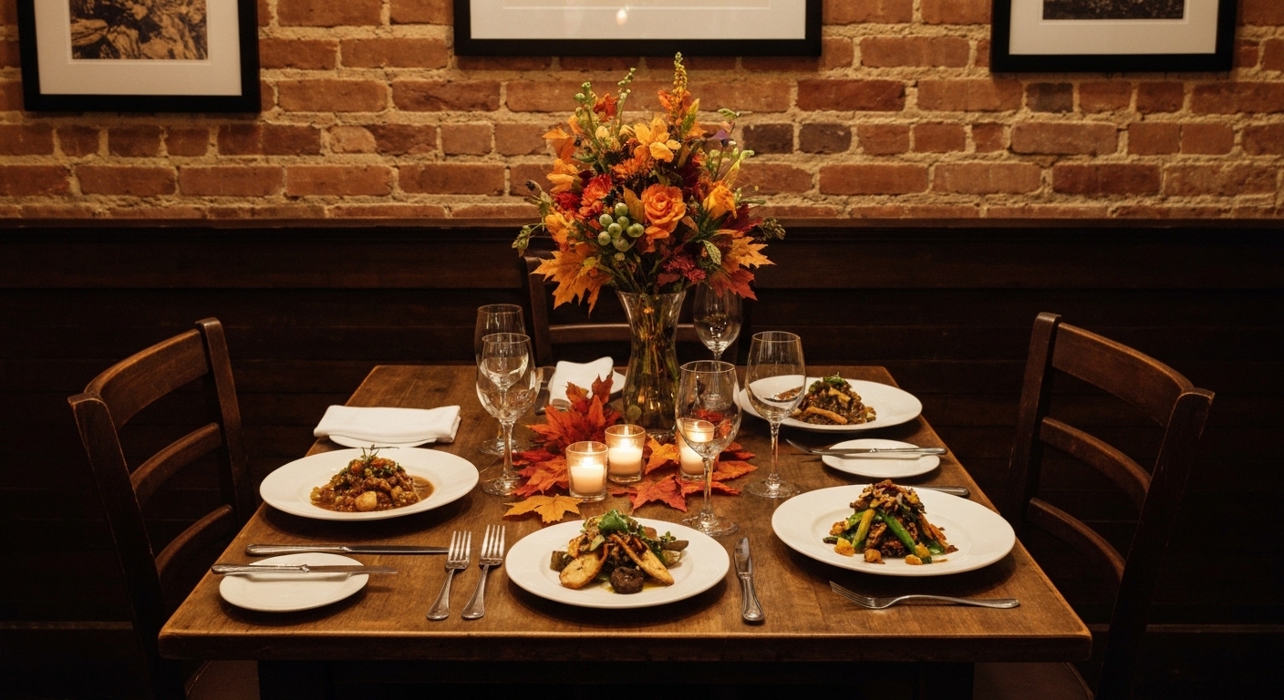 A candlelit dinner table set for a fine meal at a restaurant in South Asheville, North Carolina.