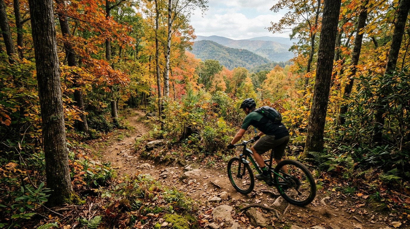 A mountain biker rides a wooded singletrack trail.