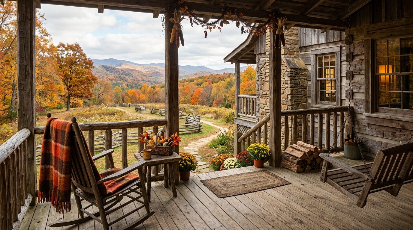The porch and lawn at Monteith Farmstead Park in Dillsboro, North Carolina, site of a fall music festival.
