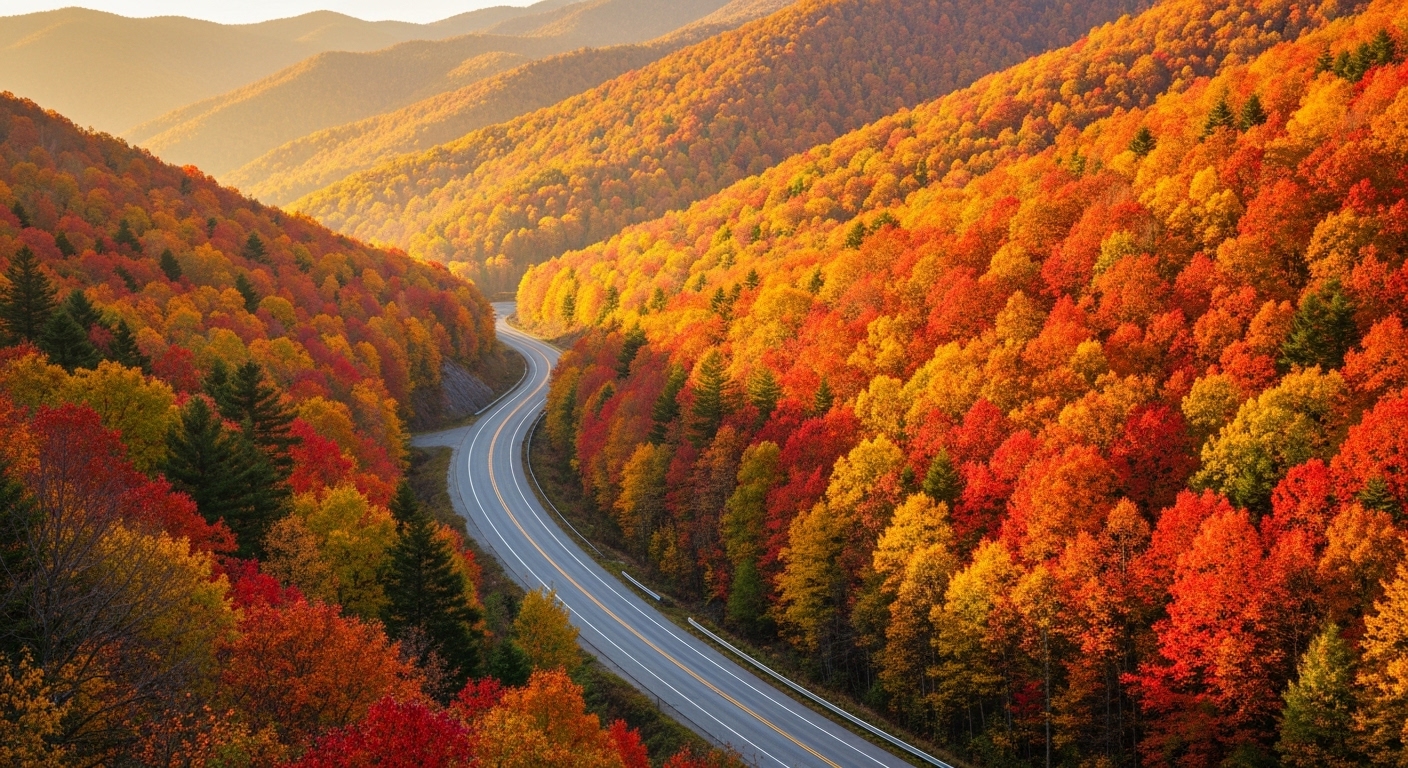 A two lane highway curving through forested Blue Ridge Mountains near Asheville in Western North Carolina.