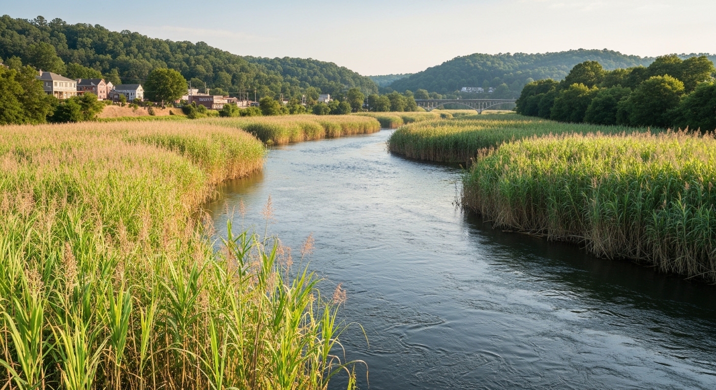 Dense green river cane growing along the French Broad River shoreline near Asheville, North Carolina, on a summer morning.