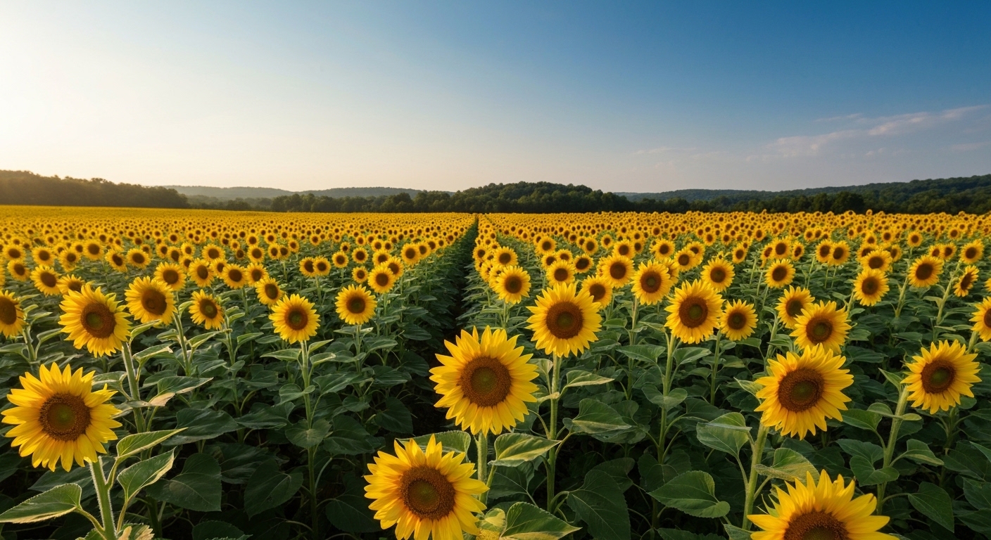 Tall sunflowers blooming in a late summer field in the mountains near Asheville, North Carolina.
