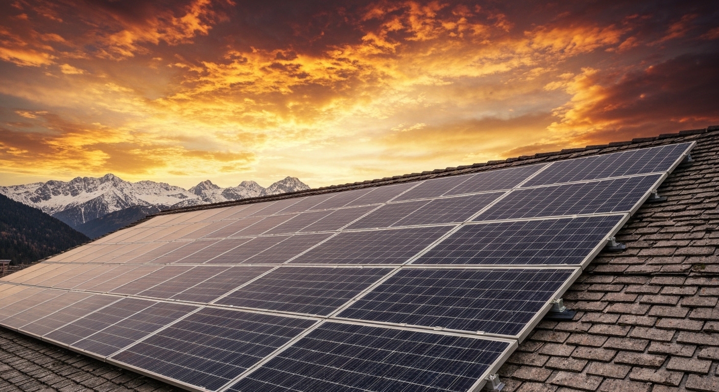 Rooftop solar panels on a mountain home under blue skies in Haywood County, North Carolina.