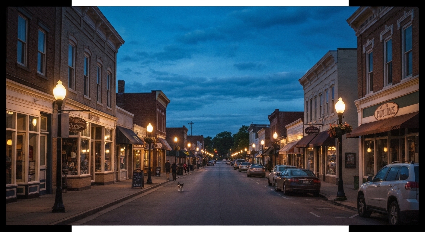 Evening light along a historic small-town Main Street in the North Carolina foothills near Tryon.