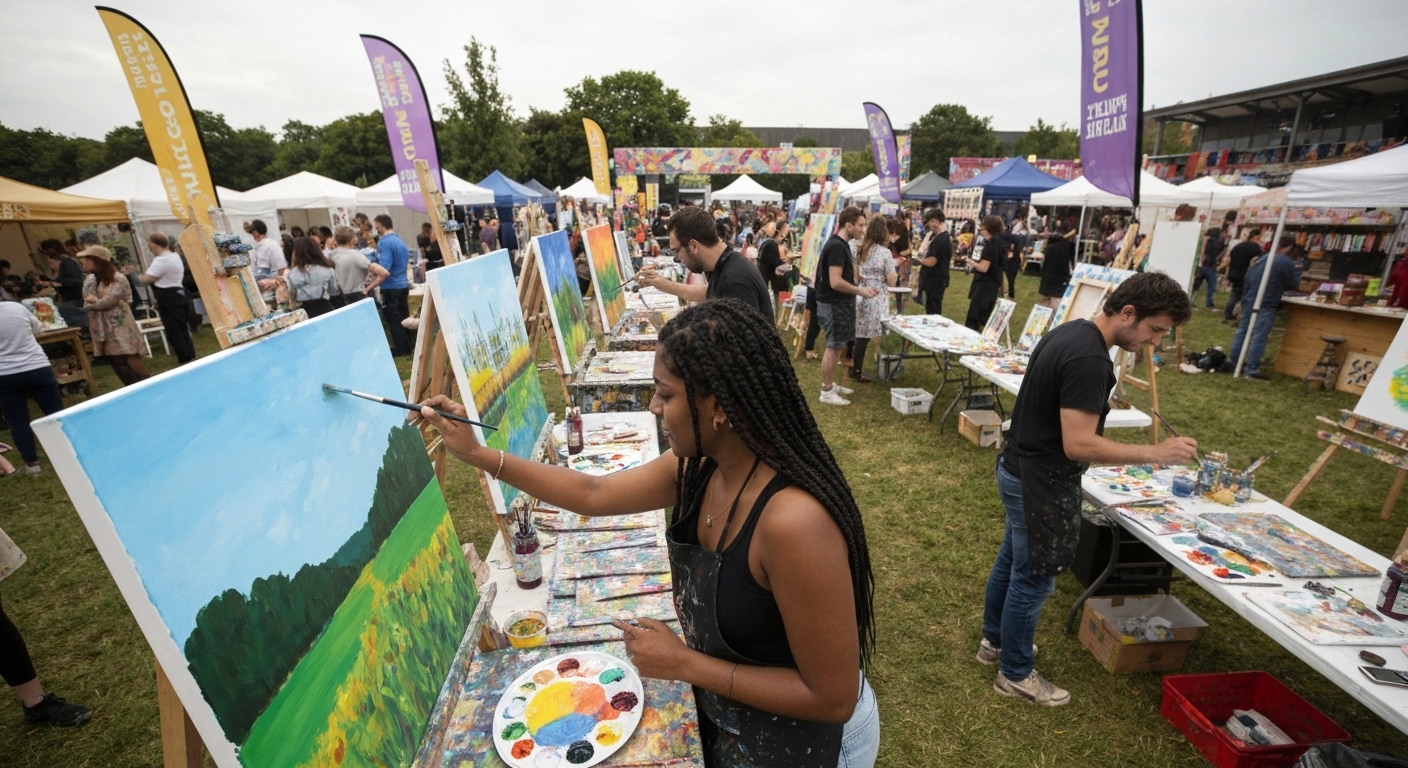 Colorful hands-on painting and craft tables set up at an outdoor community art festival in a small mountain town square.