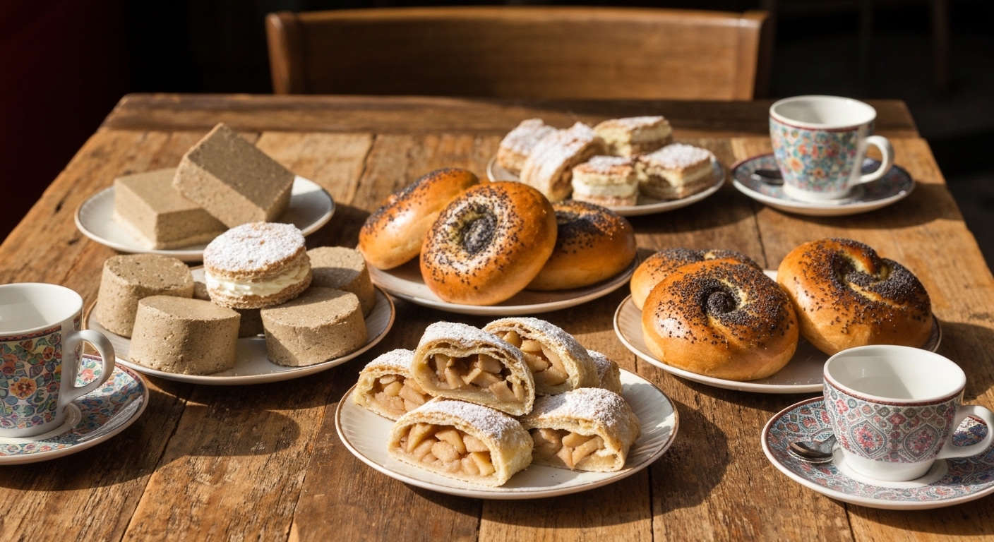 A spread of Ukrainian pastries and coffee on a wooden cafe table in downtown Asheville, North Carolina.