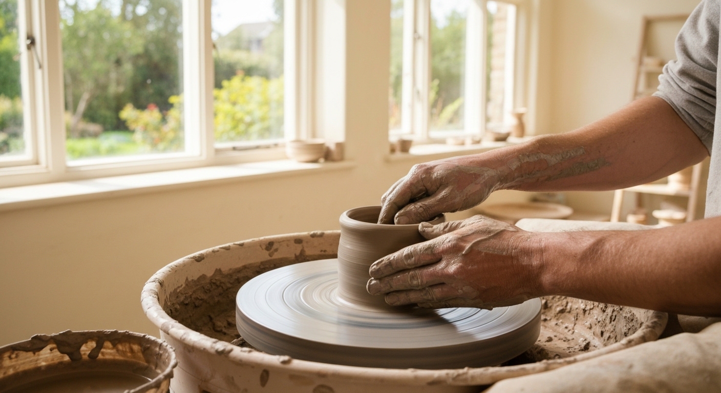 A potter shaping clay on a wheel inside a rural mountain studio near Leicester, North Carolina.