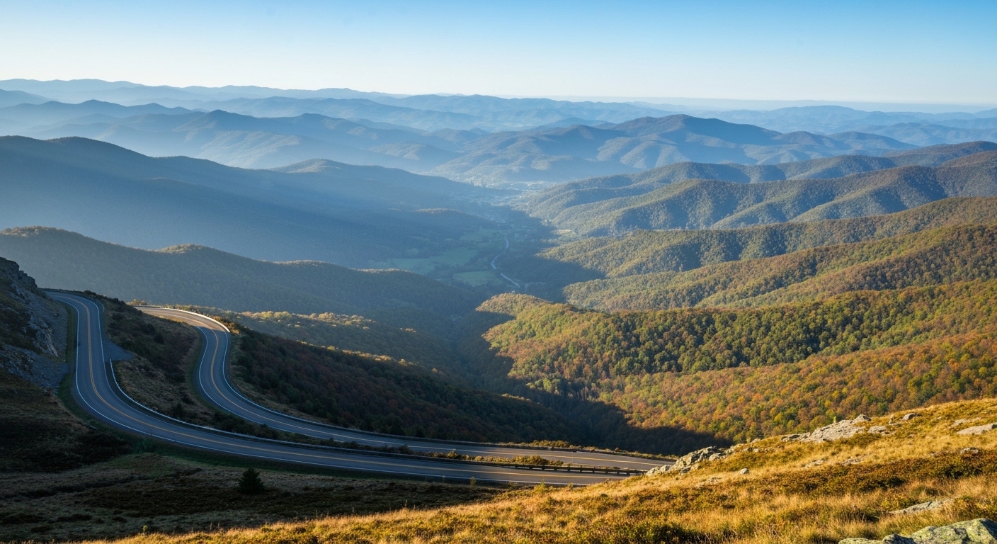 A cool, forested high-elevation overlook along the Blue Ridge Parkway near Balsam Mountain in the North Carolina Smokies.
