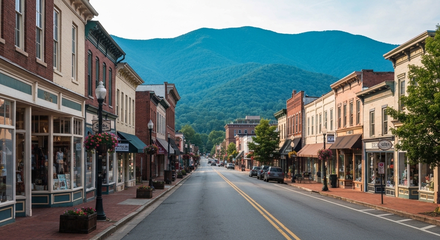 A West Asheville street corner near Haywood Road with the Blue Ridge Mountains rising in the distance.