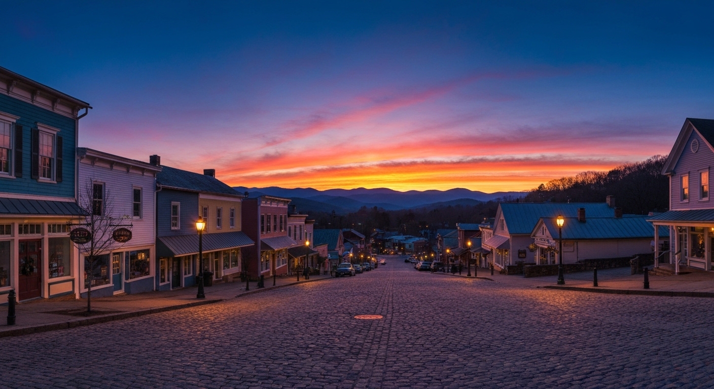 Power lines running through the forested Blue Ridge Mountains near Franklin in Western North Carolina at dusk.