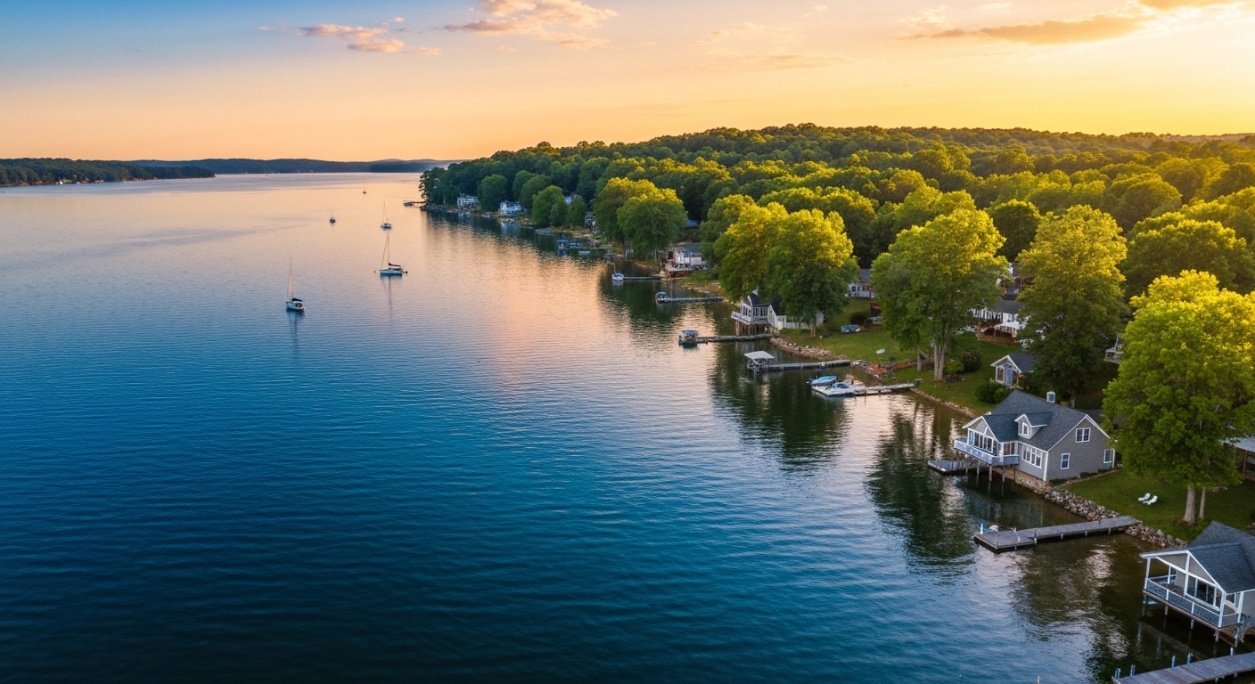 Calm morning water along the Lake James shoreline near Nebo, North Carolina, with blue mountain ridges behind.
