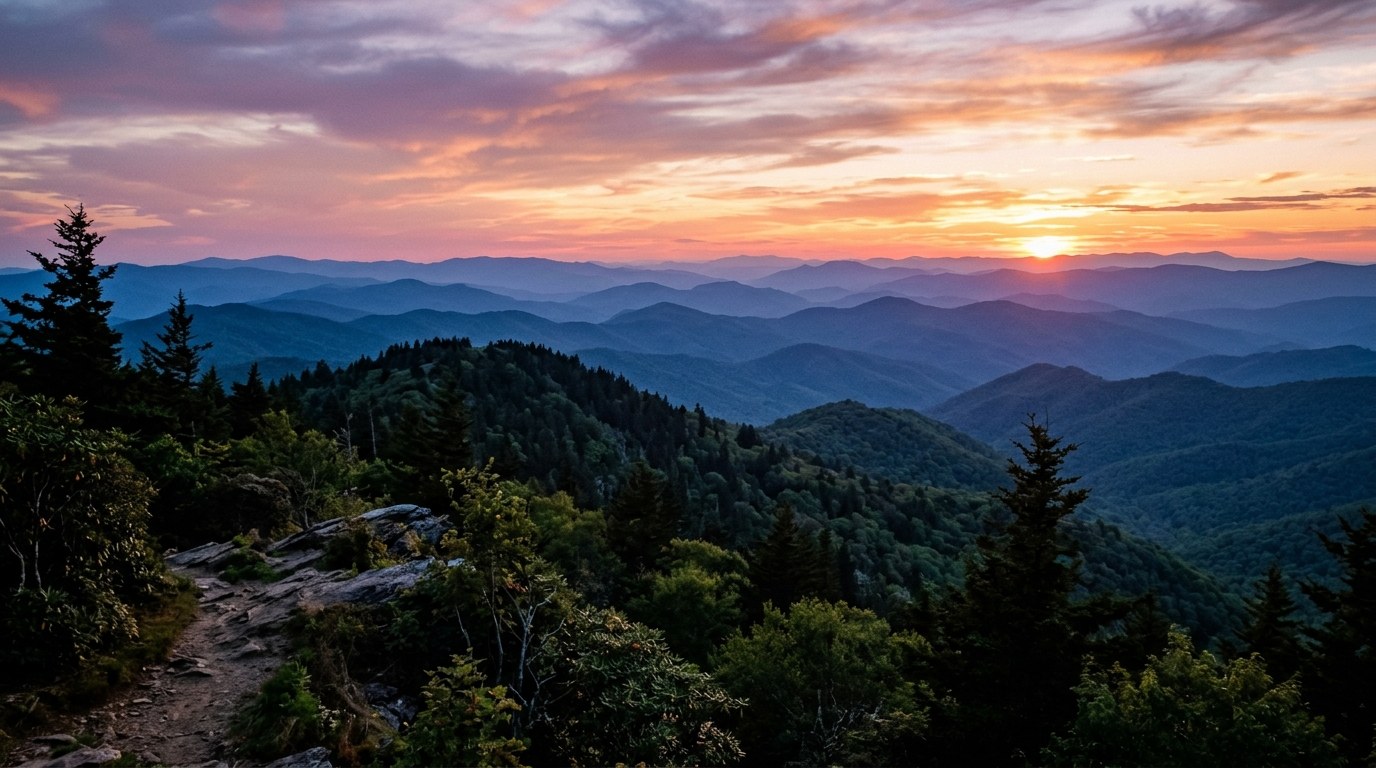 Layered Blue Ridge Mountain ridgelines seen from a rocky summit near Franklin, North Carolina at dusk.