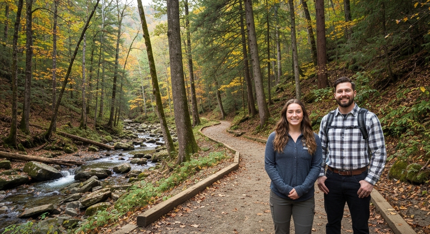A wooded walking path winding through the green mountains of the Cashiers plateau in Western North Carolina.