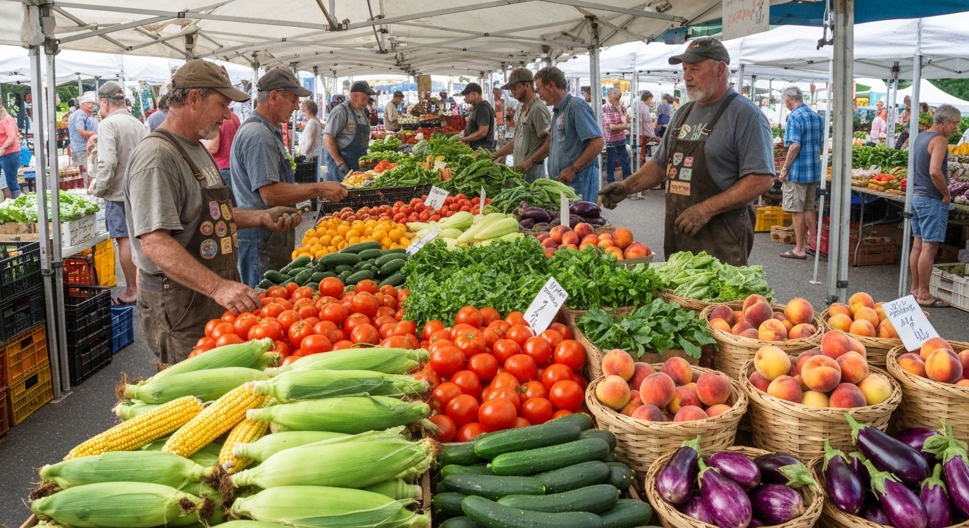 Fresh local produce and goods displayed at a mountain farmers market in Waynesville, North Carolina, on a summer morning.