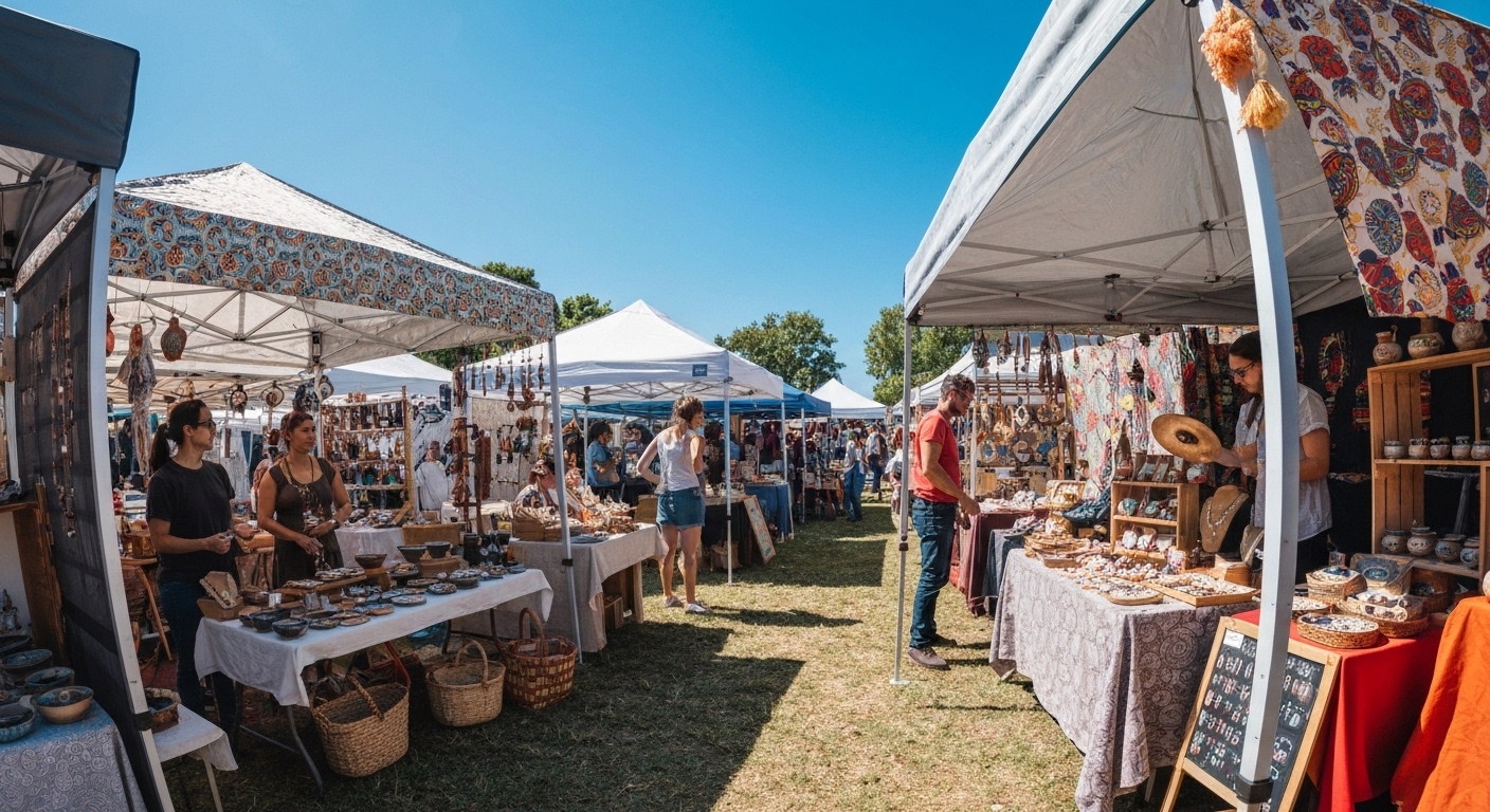 Vendor tents and crowds gathered at an outdoor summer market near the mountains of Asheville, North Carolina.