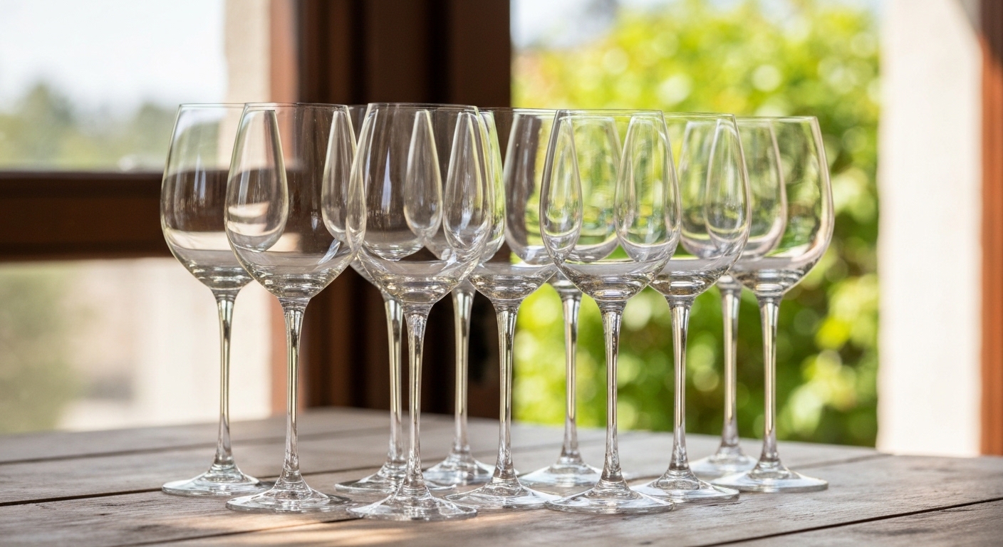 Glasses of crisp white wine and small meze plates on a wooden bar table in Asheville.