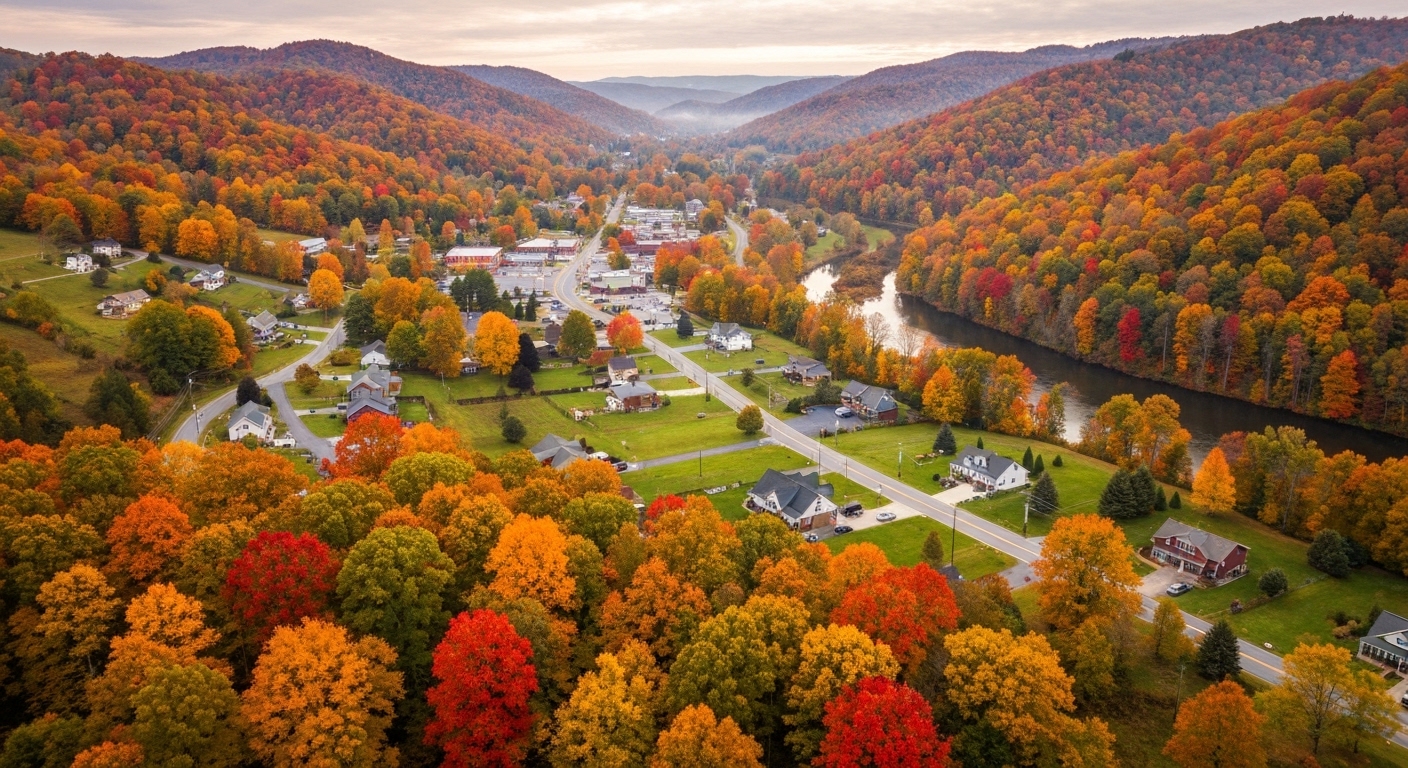 Autumn view over the small mountain town of Maggie Valley in Haywood County, North Carolina.