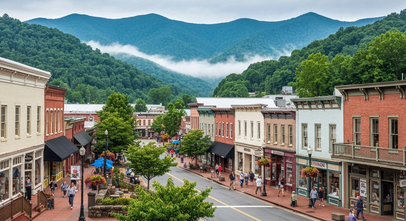 Historic Main Street storefronts in the Hazelwood district of Waynesville, North Carolina, framed by Haywood County mountains.