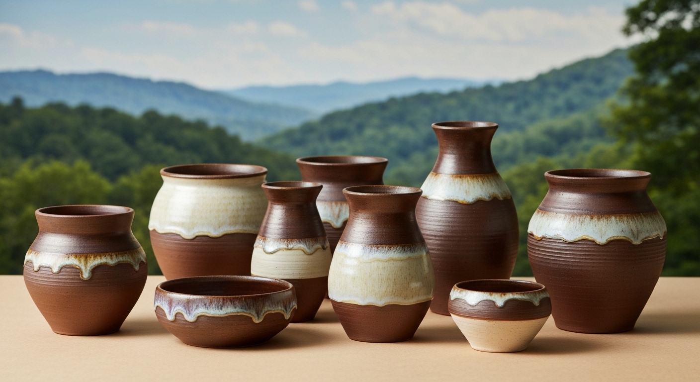 Handmade Appalachian pottery and woven crafts displayed at a mountain heritage festival in Waynesville, North Carolina.