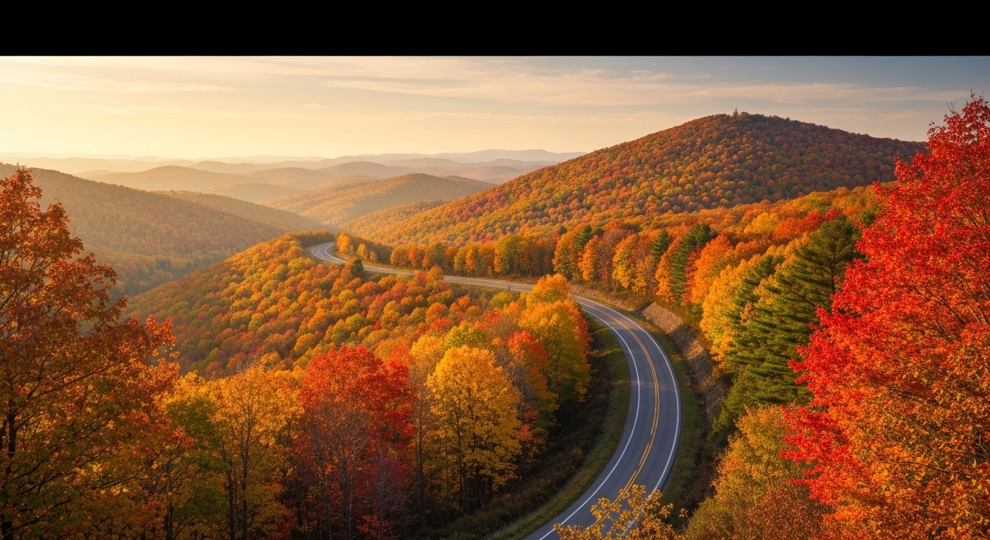 A winding overlook on the Blue Ridge Parkway near Asheville, North Carolina, framed by autumn mountains.