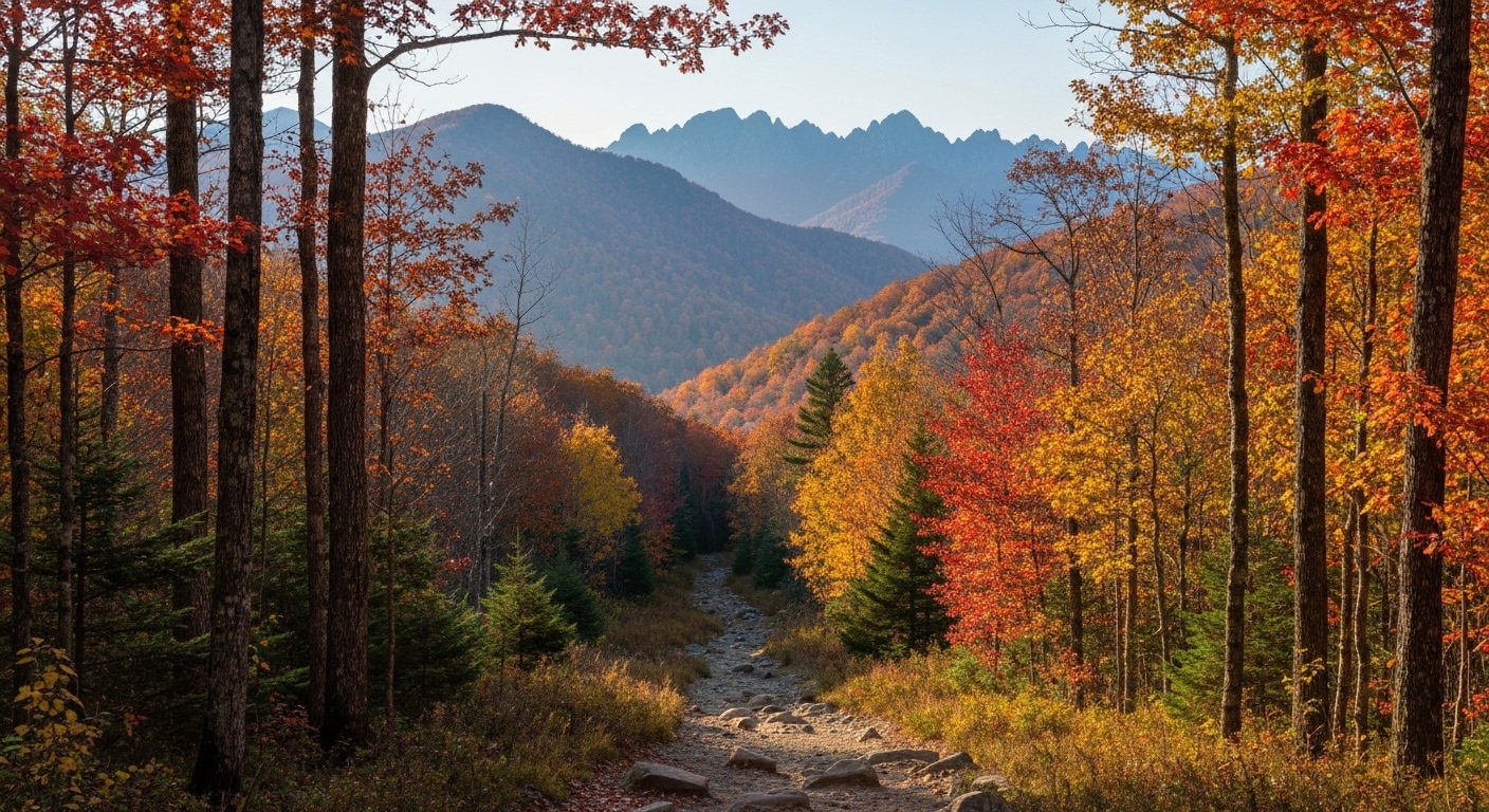 A misty section of the Appalachian Trail winding through the Nantahala Mountains near Franklin, North Carolina, in autumn.