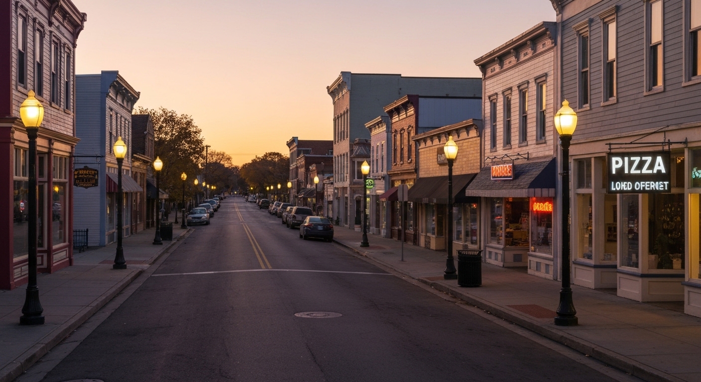 Runners heading down a small-town Main Street at golden hour in the mountains of Haywood County, North Carolina.