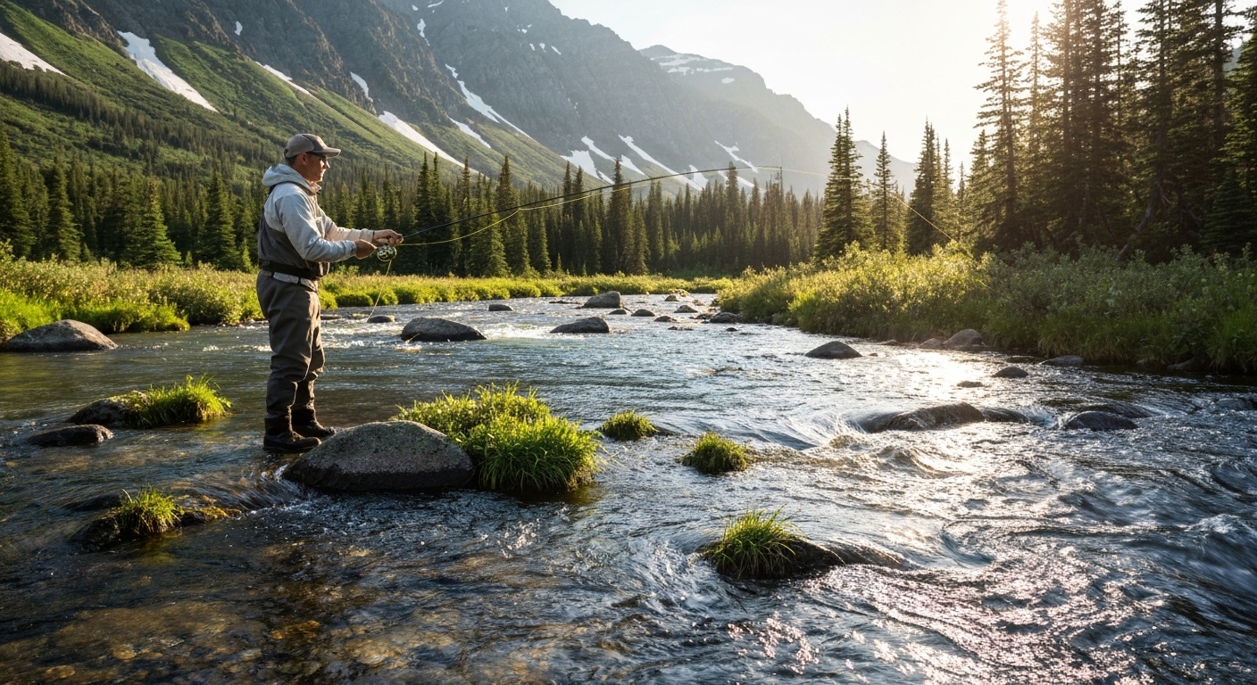 An angler fly fishing in a clear mountain trout stream in the Blue Ridge Mountains near Waynesville, North Carolina.