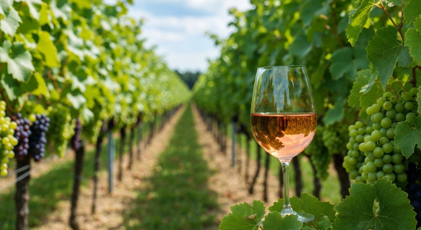 A glass of deep pink rosé wine on a wooden table with vineyard hills in the background near Asheville.