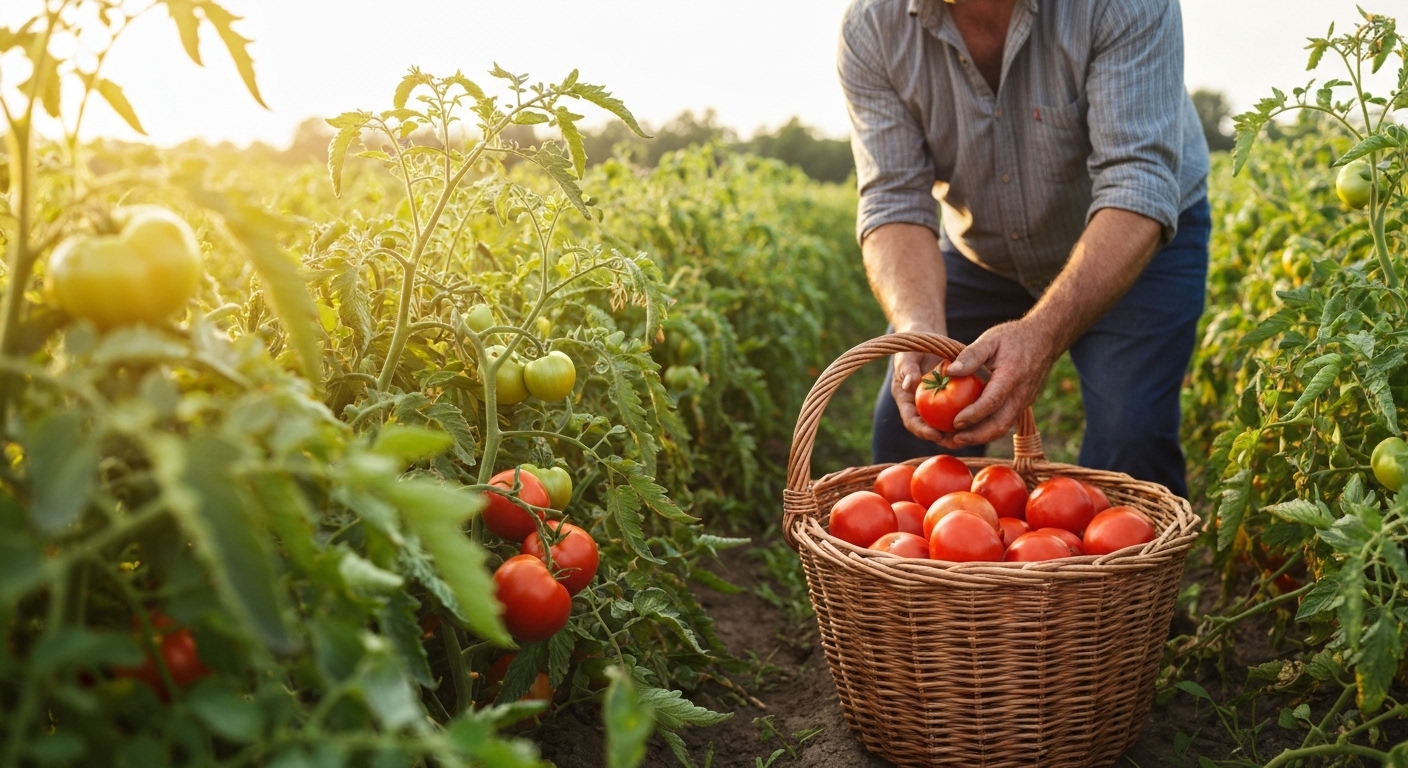 Freshly picked red heirloom tomatoes piled at a summer farmers market in Western North Carolina.