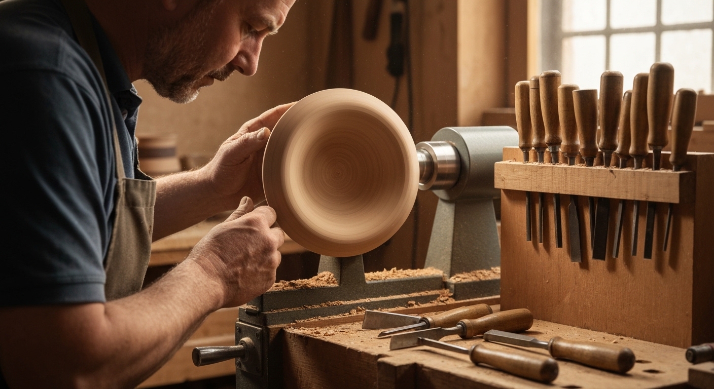A hand-turned wooden bowl beside colorful mosaic tiles in an Asheville River Arts District studio.