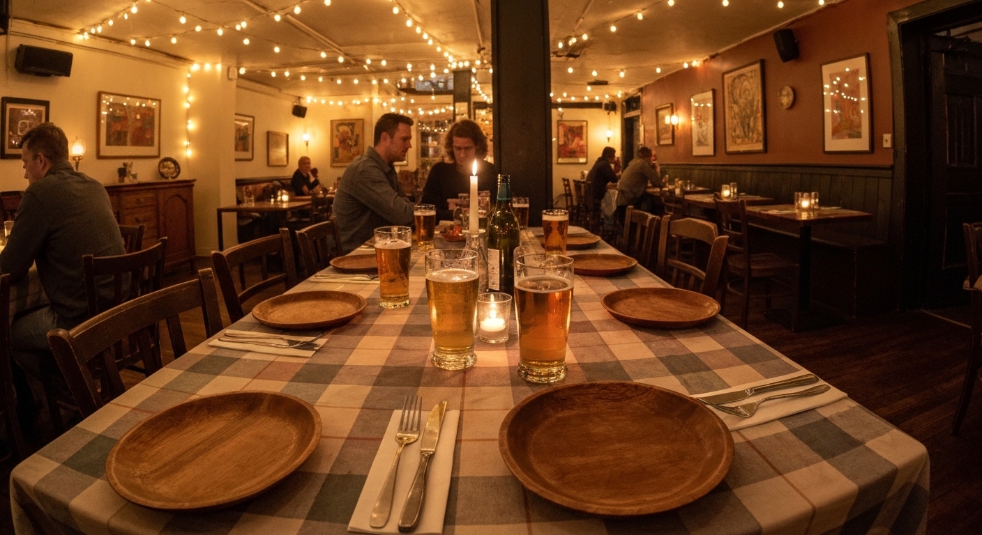 A warmly lit dinner plate on a wooden table at a neighborhood restaurant in Asheville, North Carolina.