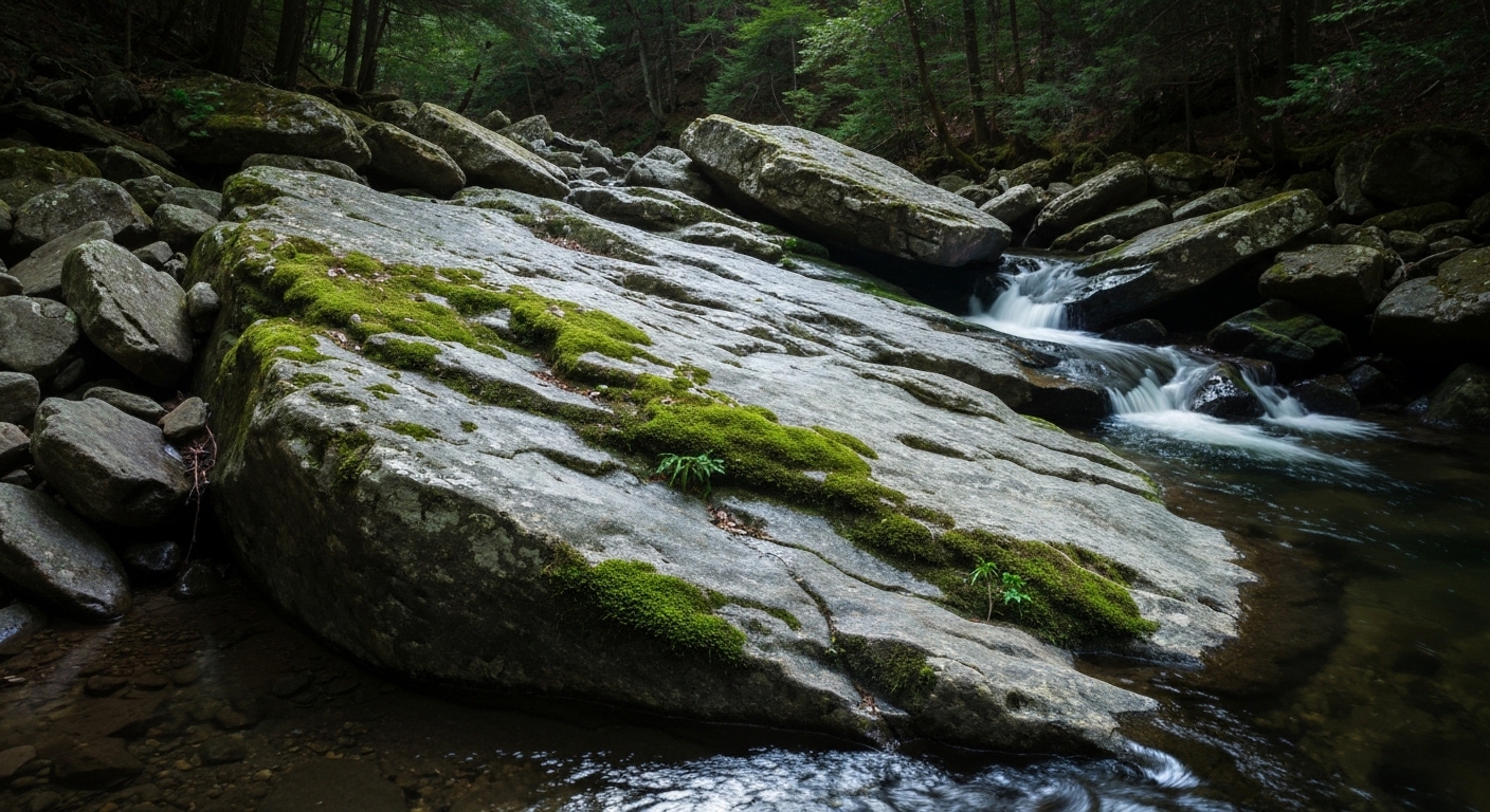 A clear rocky mountain stream running through mossy boulders and rhododendron in the forests of Western North Carolina.