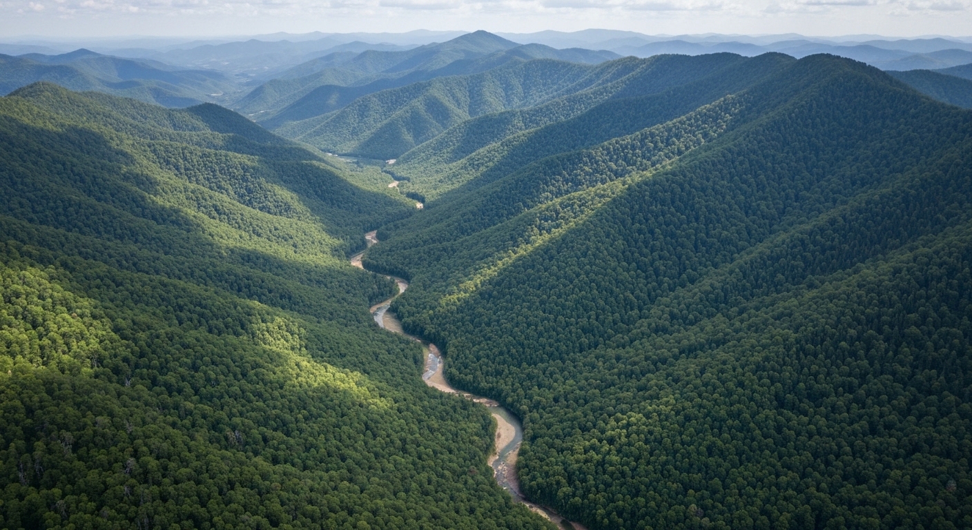 Misty mountain ridges rising above the Qualla Boundary near the town of Cherokee, North Carolina.