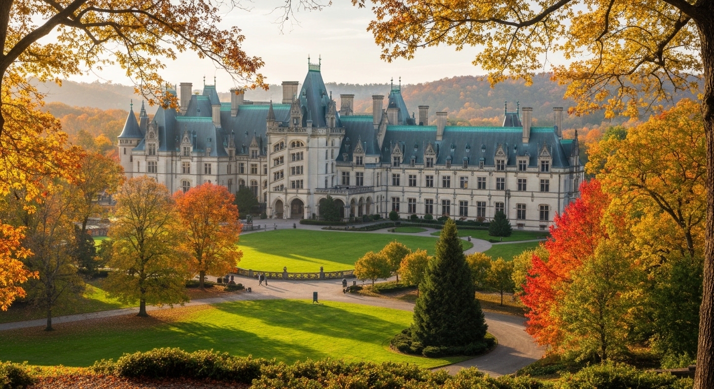 The Biltmore Estate grounds and rolling fairways framed by autumn mountains near Asheville, North Carolina.