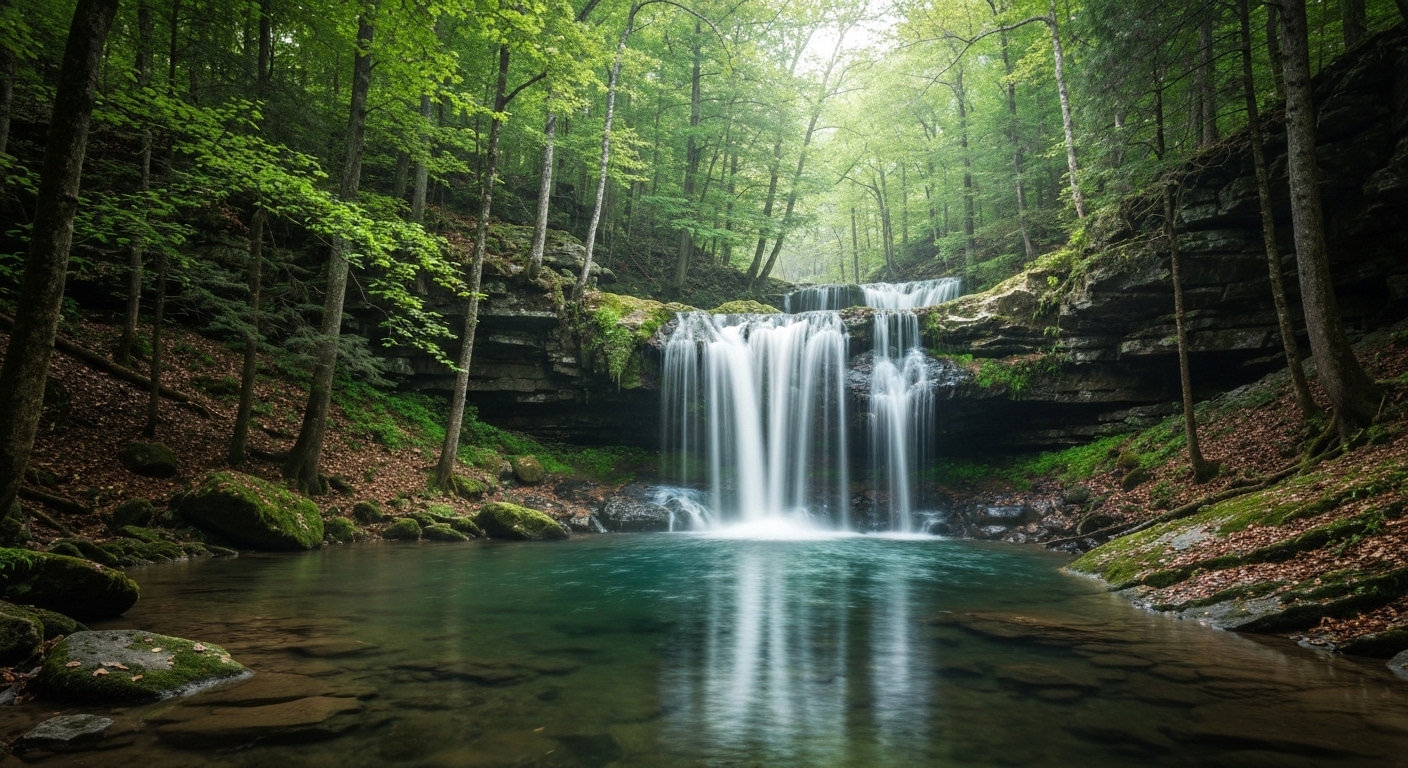A wide cascading waterfall surrounded by green forest in the mountains near Brevard, North Carolina.