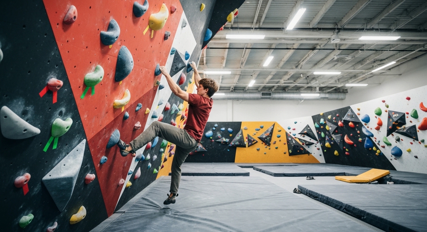 A young climber reaching for a colorful hold on an indoor bouldering wall in Asheville, North Carolina.