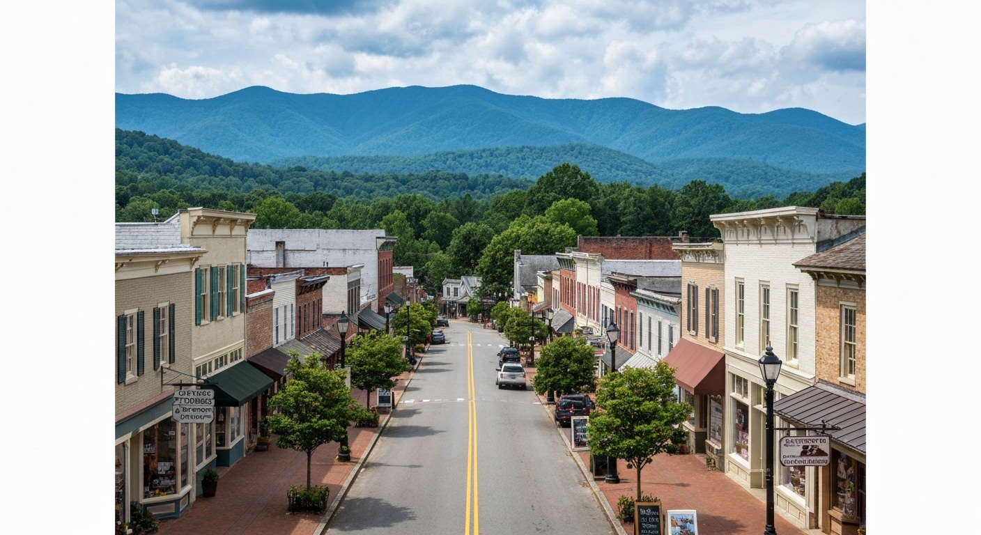 A historic small-town main street in Waynesville, North Carolina, framed by the Blue Ridge Mountains in summer.