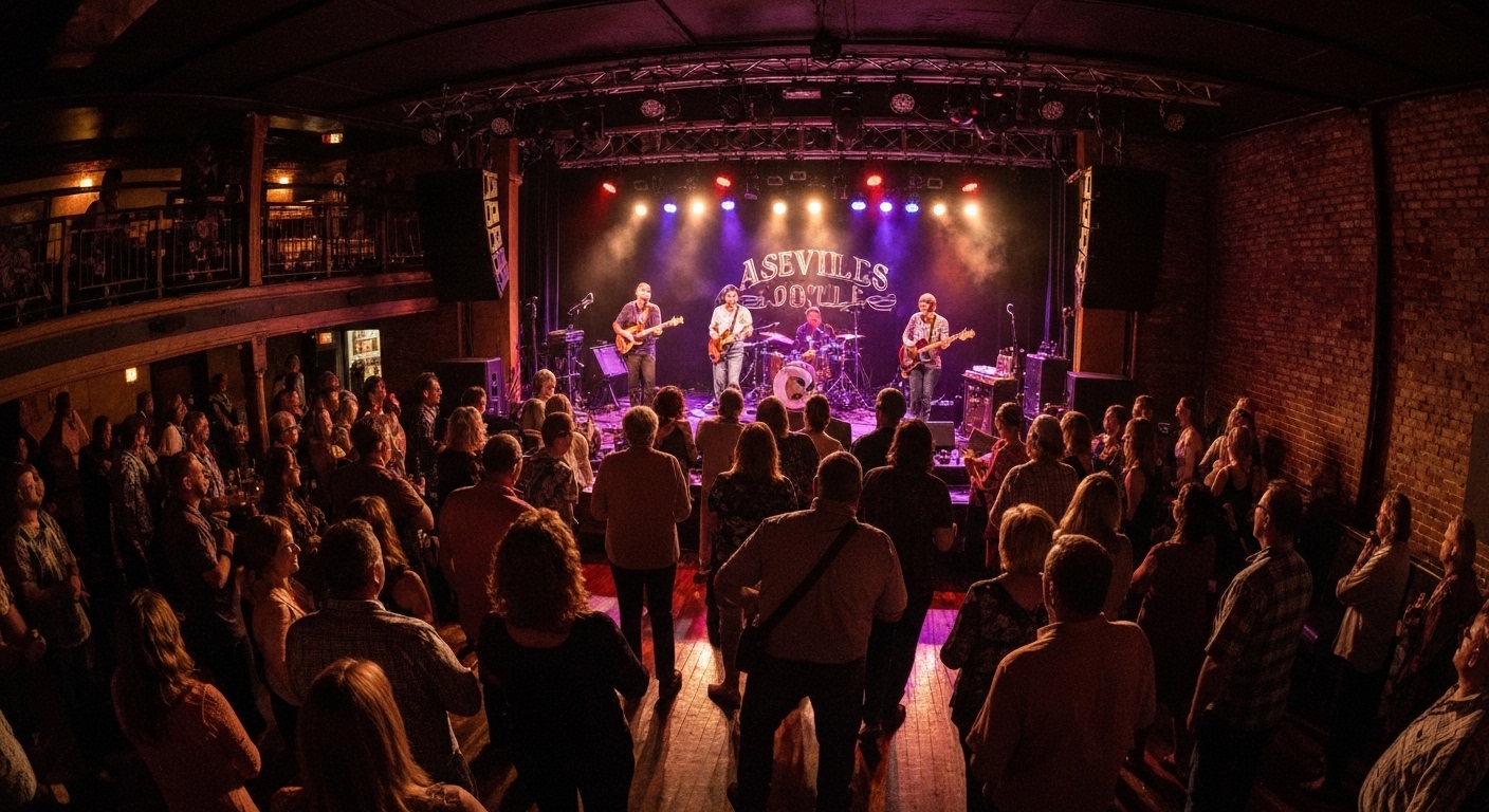 Stage lights and instruments at a live music venue in downtown Asheville, North Carolina.