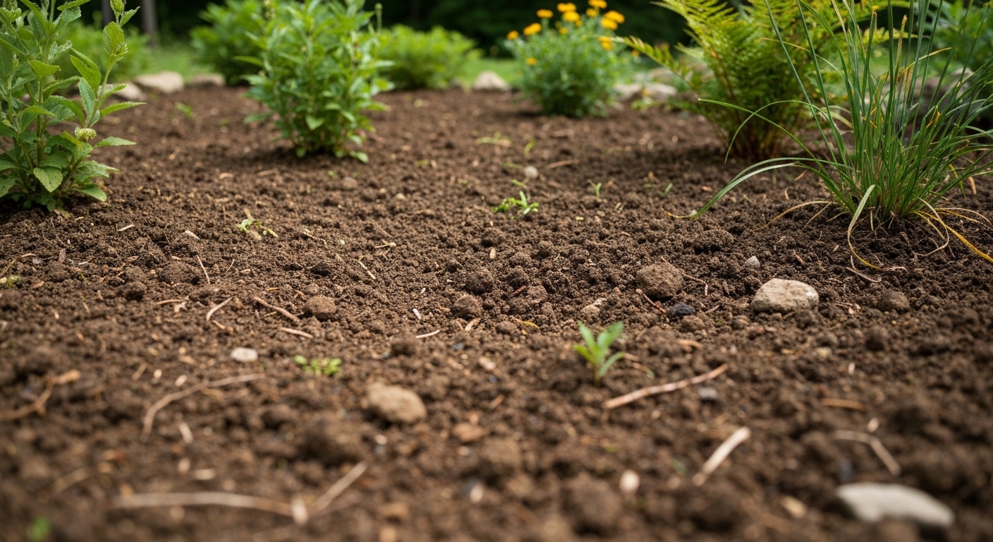 A shaded mountain garden bed with dark, damp soil and green plants near Sylva, North Carolina.