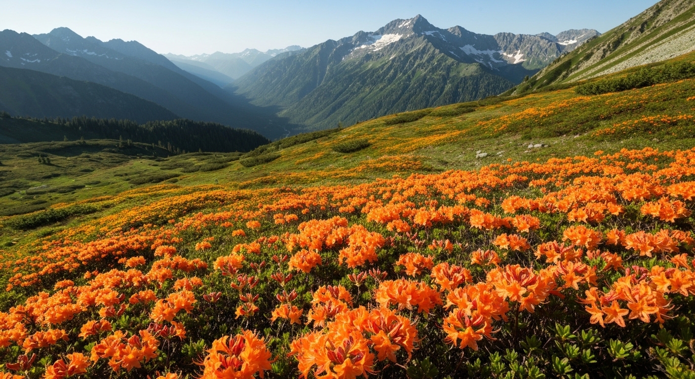 Bright orange native flame azaleas blooming on a grassy bald in the mountains of Graham County, North Carolina.