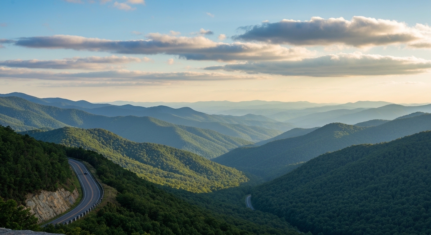 Sweeping mountain views from the Blue Ridge Parkway near Little Switzerland in Mitchell County, North Carolina.