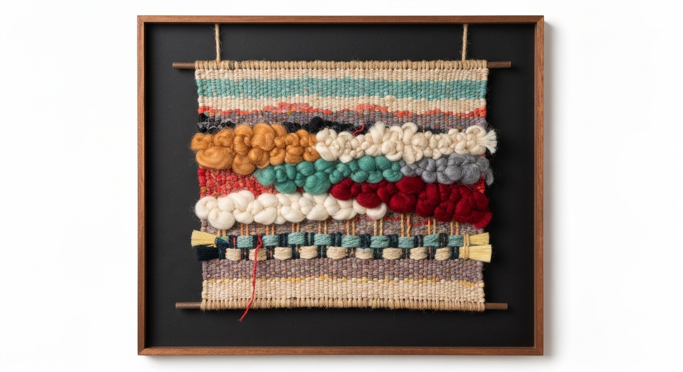 Colorful handwoven fiber art and quilting textiles on display inside a downtown Waynesville art gallery.