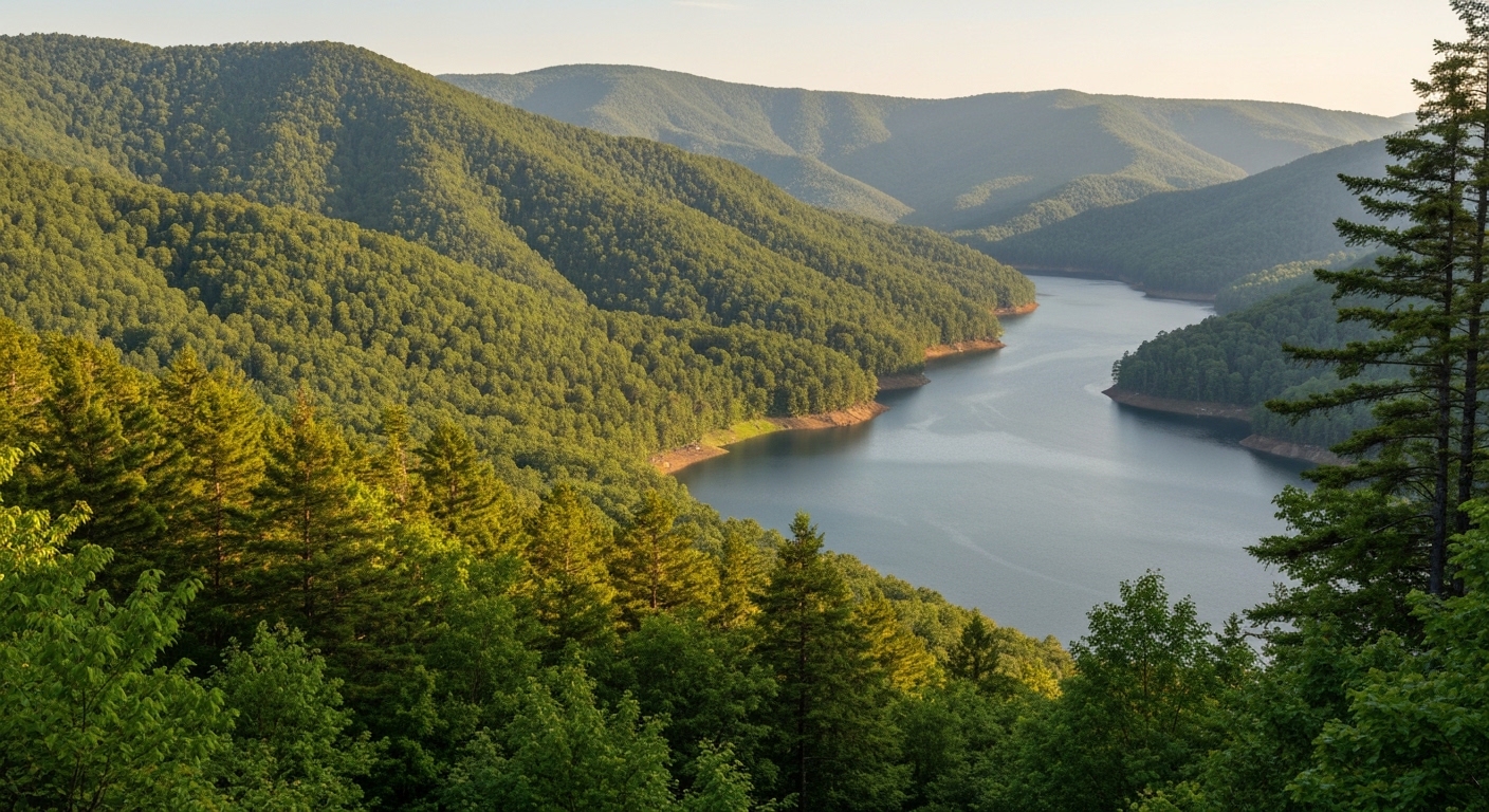 Fontana Lake and the surrounding mountains near Bryson City in Swain County, North Carolina.