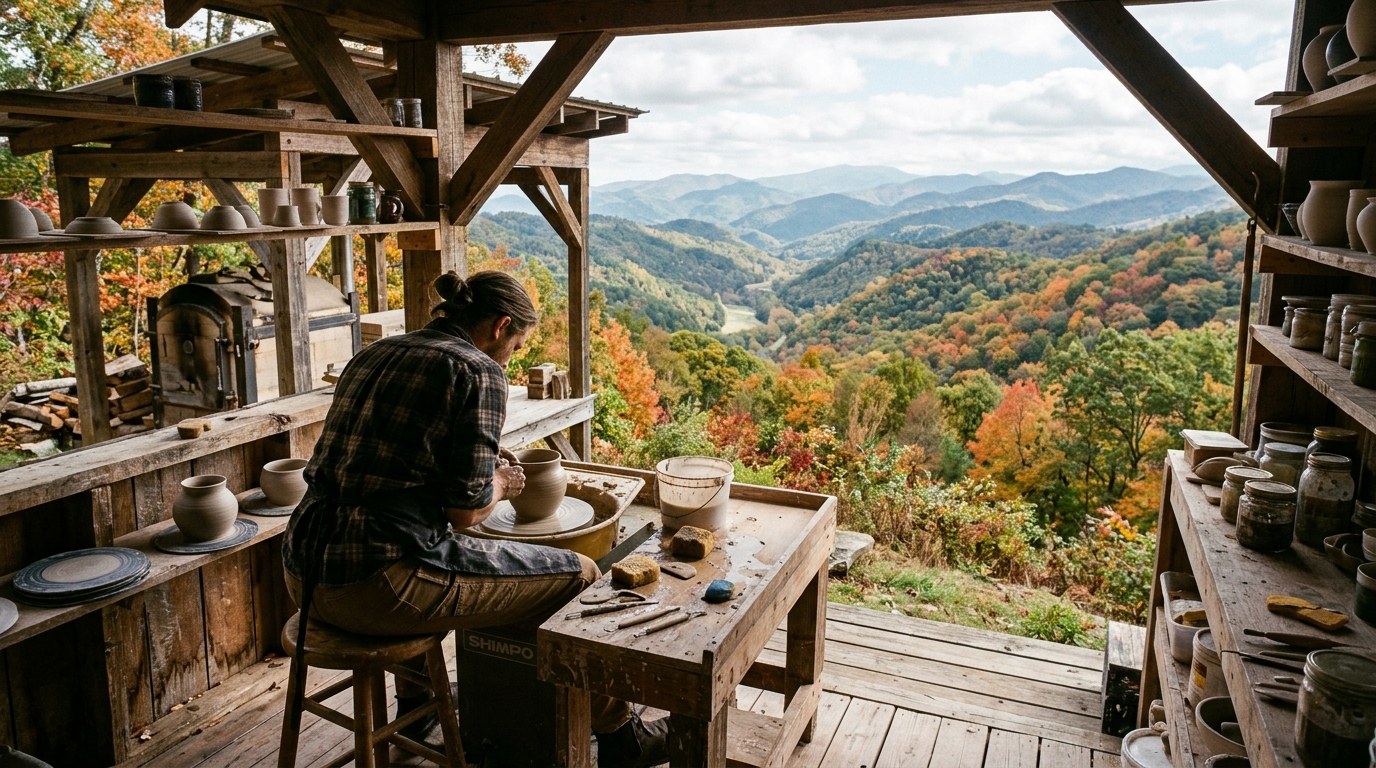 Artist studio with a pottery wheel