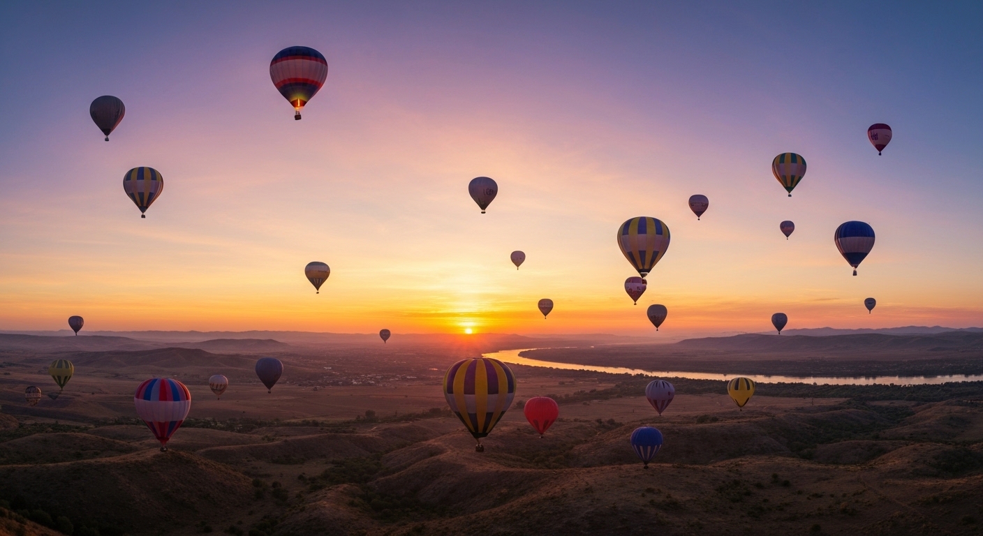 Colorful hot air balloons rising over green fields at sunrise during the Carolina BalloonFest in Statesville, North Carolina.
